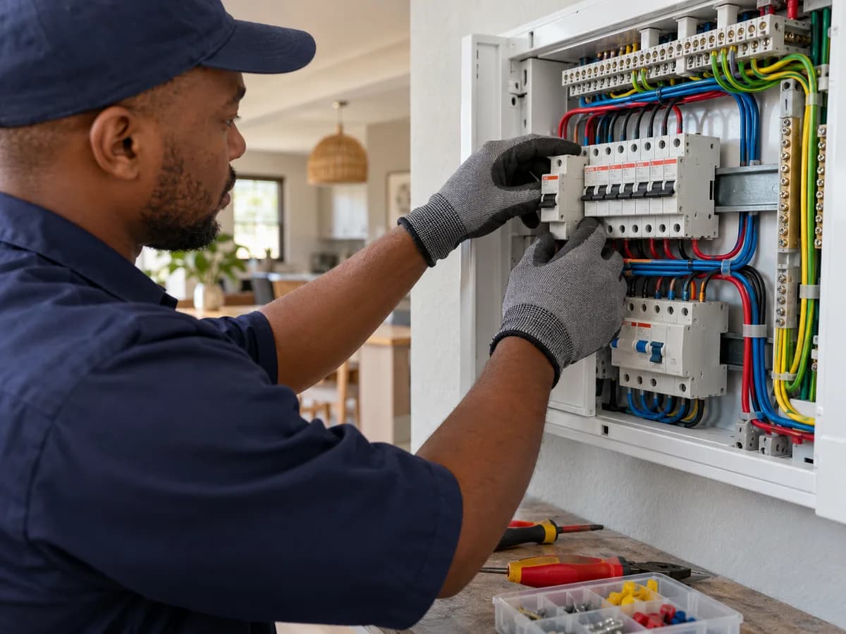 Illustrative image of an electrician working on a distribution board